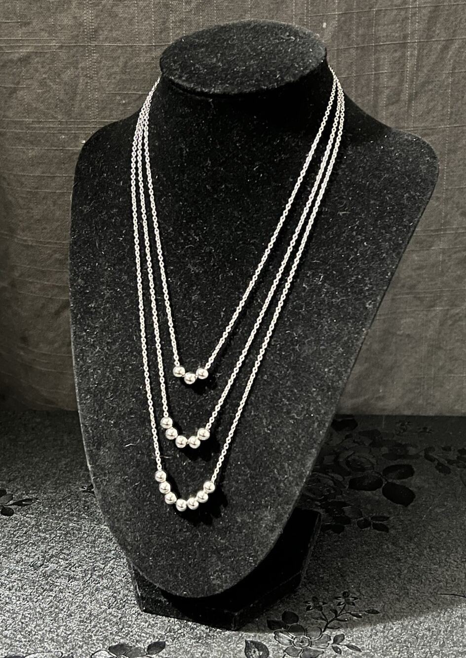 Stainless Steel 9SQ Layered Multi-Strand Beaded Necklace Silver Tone